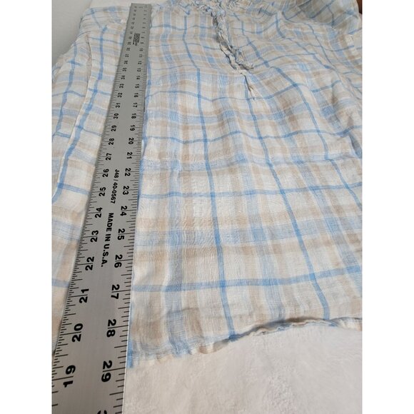 CP Shades Womens Large Plaid Ruffle Collar Button Top Linen Blue Beige 1358-228 - Picture 8 of 9